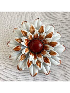 1960s White Rust Enamel Daisy Brooch, Two Layer Flower Pin, Oxblood Center Caboc